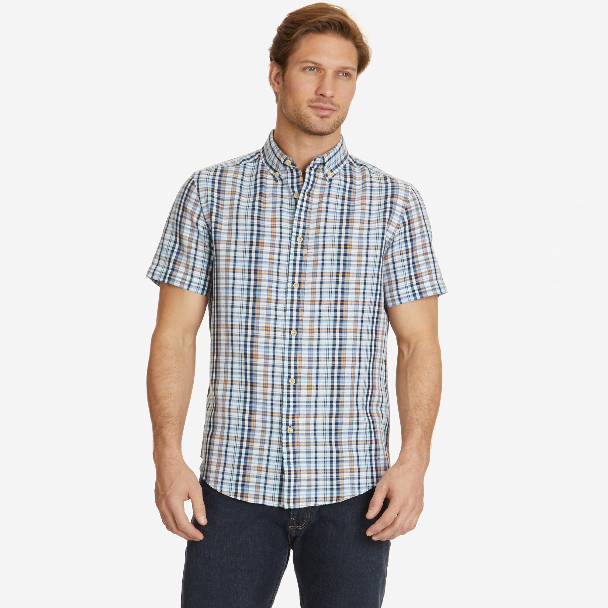 Linen シャツ Classic Fit Linen Blend Sea Plaid Short Sleeve Shirt | Nautica