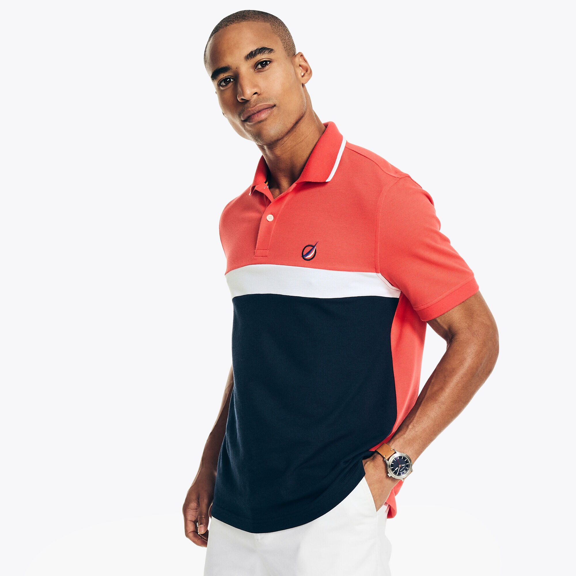Classic Fit Chest-Stripe Polo,Dark Coral Cape,large