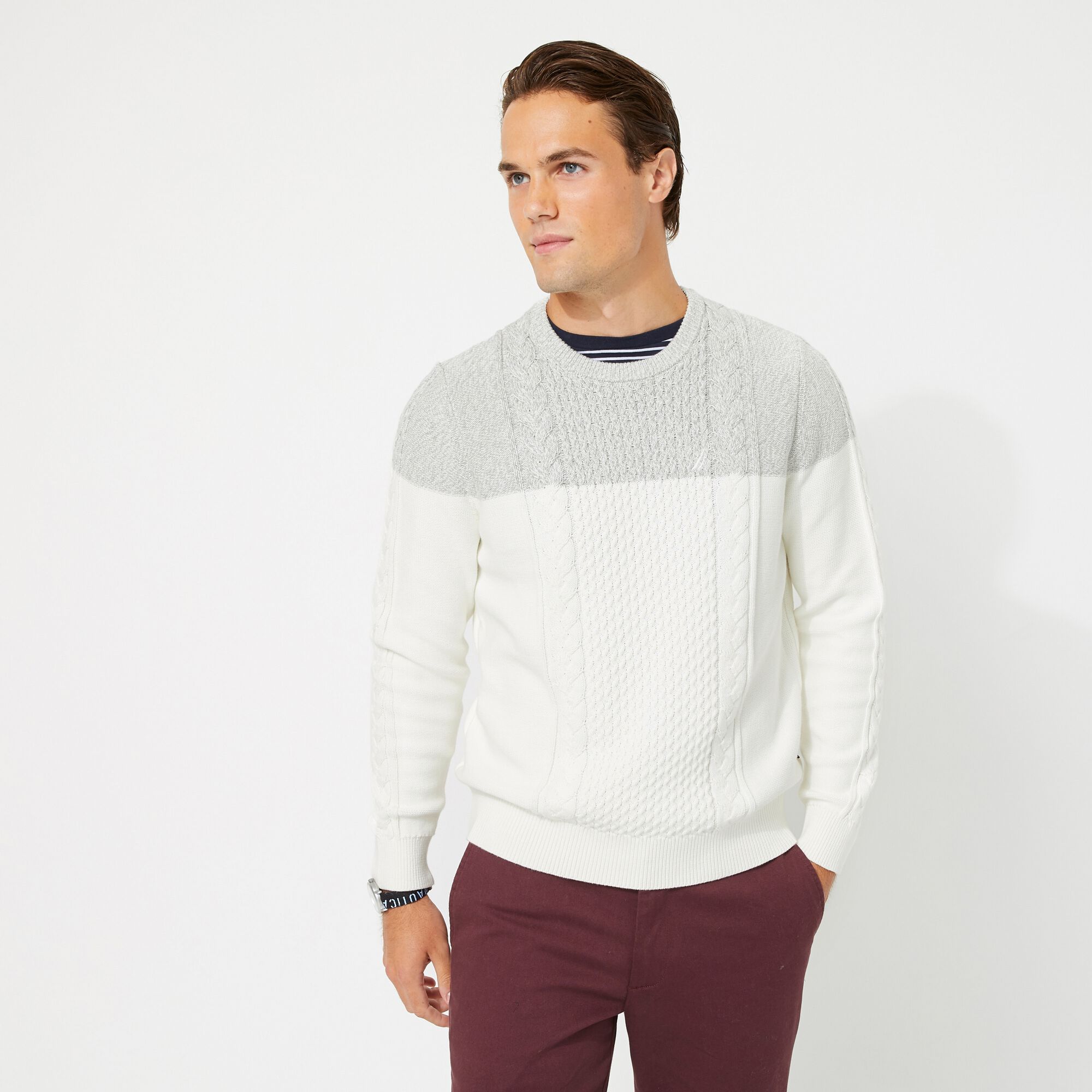 COLORBLOCK CABLE-KNIT SWEATER,Marshmallow,large