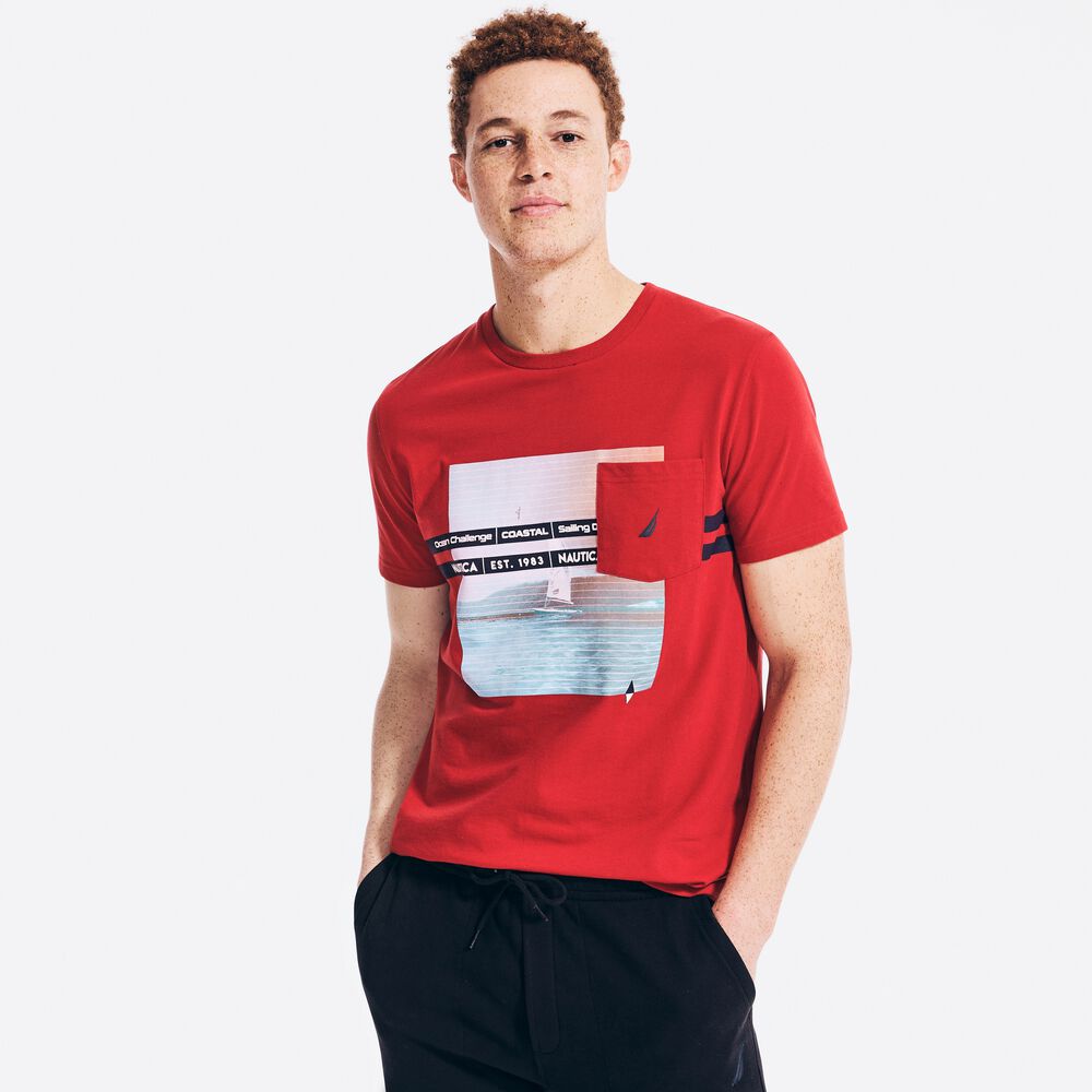 SUSTAINABLY CRAFTED GRAPHIC POCKET T-SHIRT,Nautica Red,large
