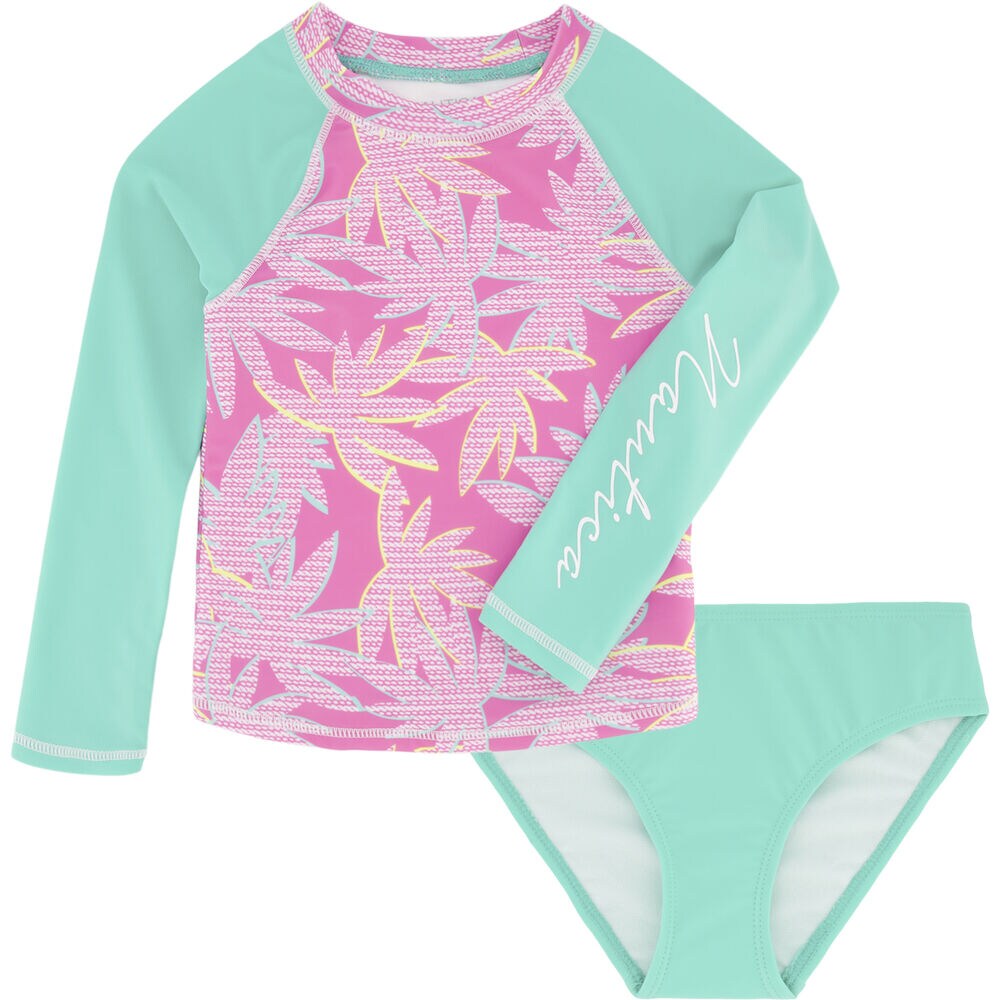 GIRLS' PALM TREE PRINT RASH GUARD SET (8-16),Wave Green,large