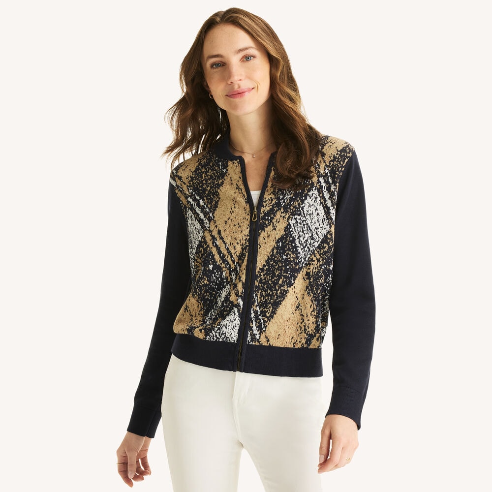 Full-Zip Plaid Sweater,Navy,large