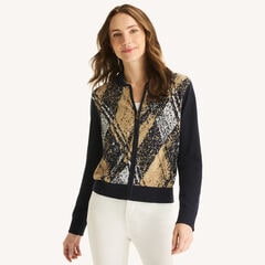 Full-Zip Plaid Sweater,Navy,large