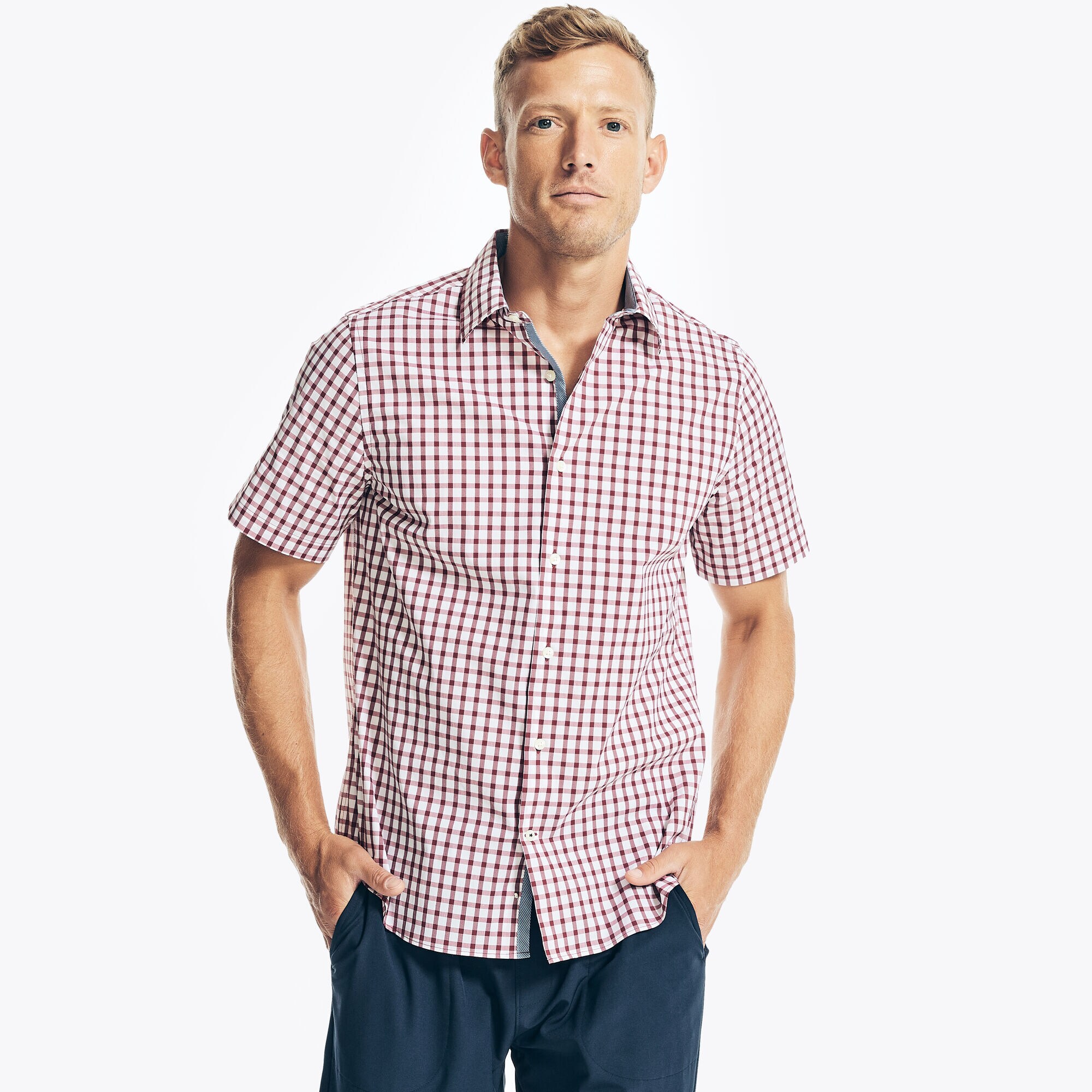 NAVTECH TRIM FIT PLAID SHORT-SLEEVE SHIRT,Flamingo,large