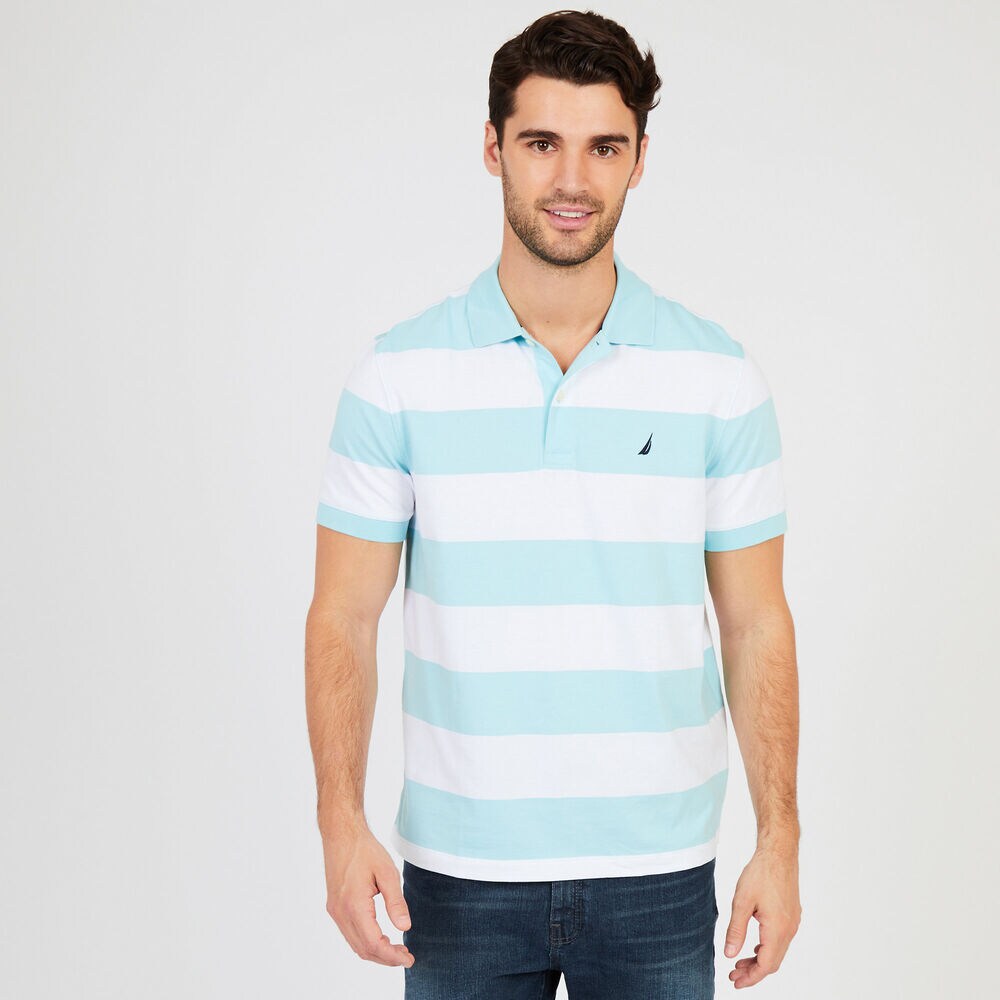 Short Sleeve Wide Stripe Classic Fit Polo,Harbor Mist,large