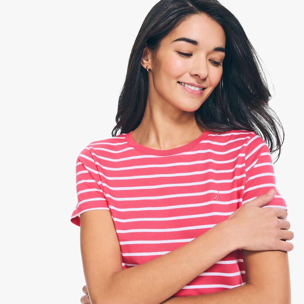 STRIPED CREWNECK T-SHIRT,Prism Pink,large
