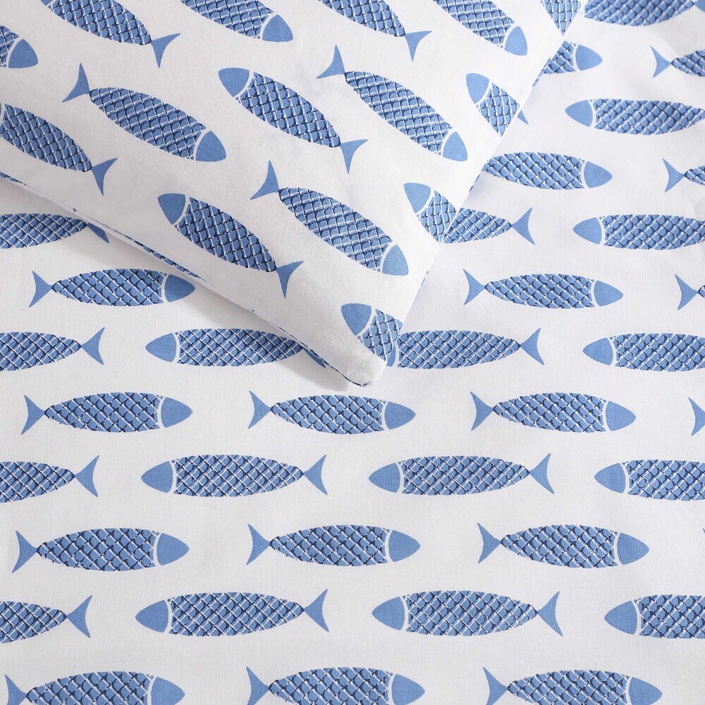 Woodblock Fish Blue Full/Queen Duvet Cover Set,Classic Blue,large