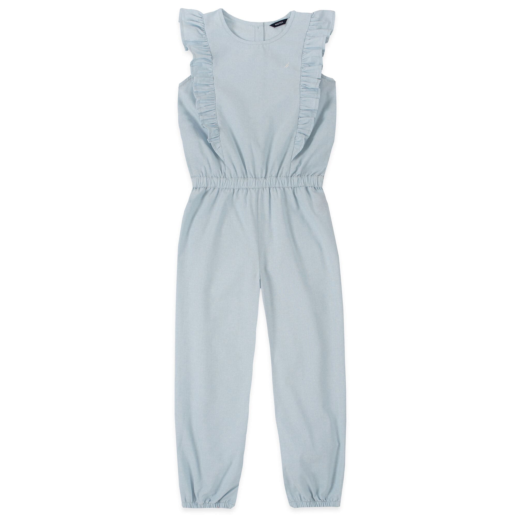 GIRLS' CHAMBRAY RUFFLED JUMPSUIT (8-16),Ice Blue,large
