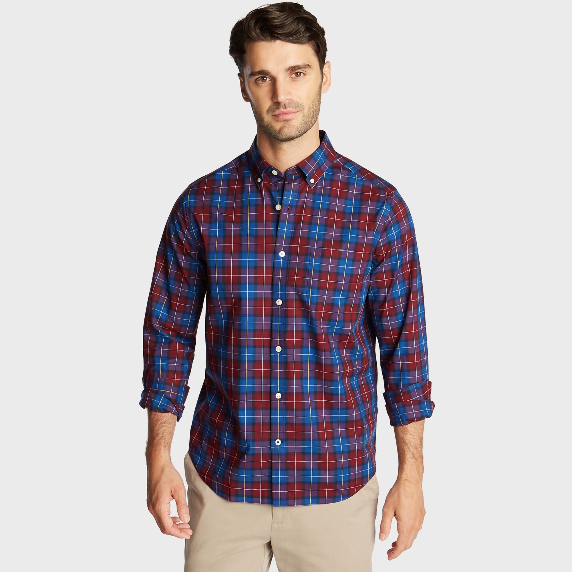 BIG & TALL STRETCH WRINKLE RESISTANT SHIRT IN PLAID,Zinfandel,large