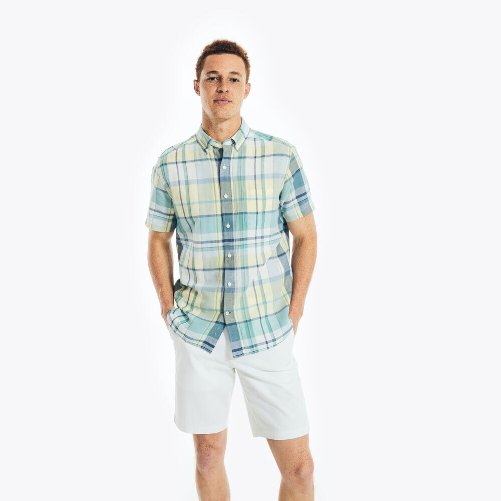 LINEN PLAID SHORT-SLEEVE SHIRT,Light Gold,large