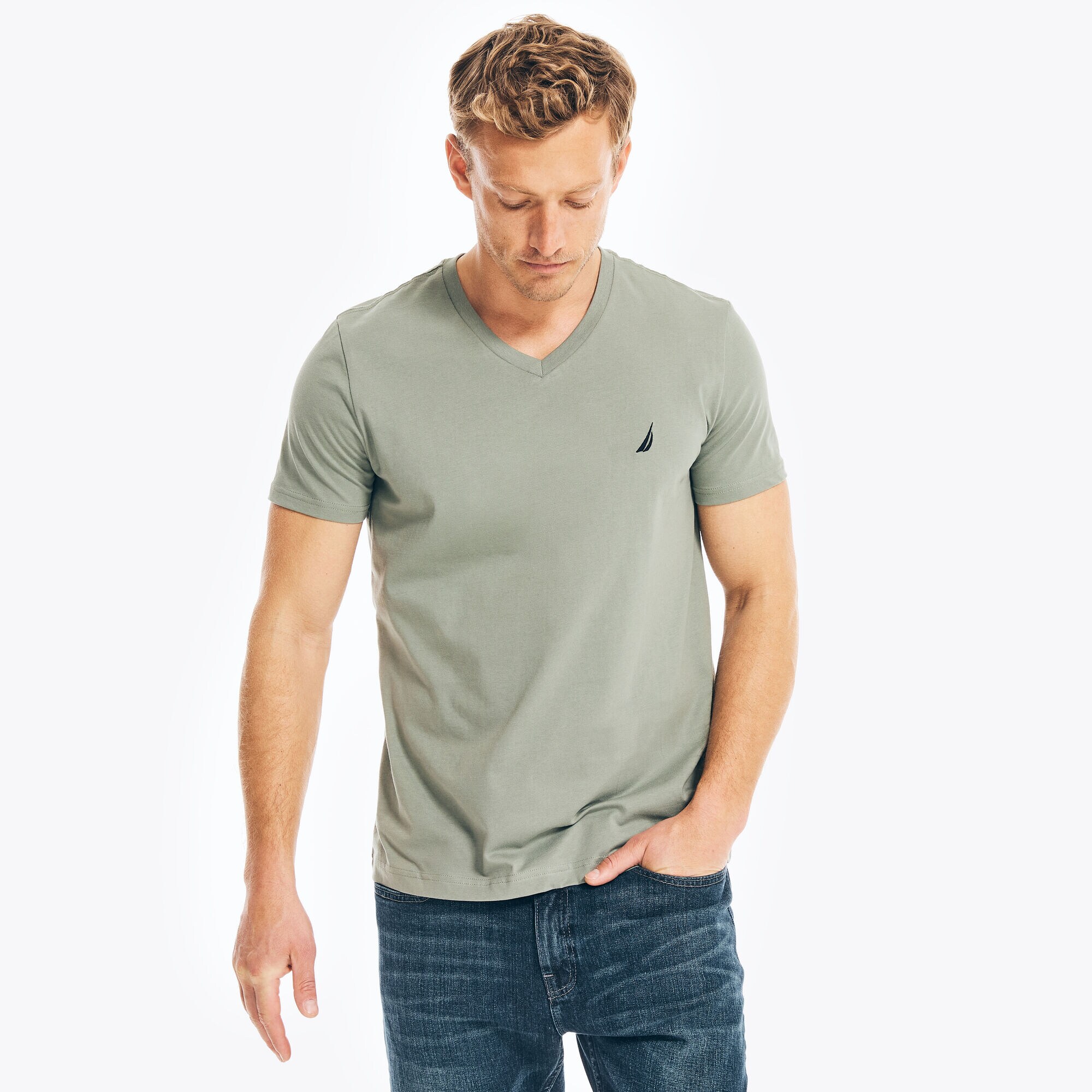 V-Neck Deck T-Shirt,Jade Forest Heather,large