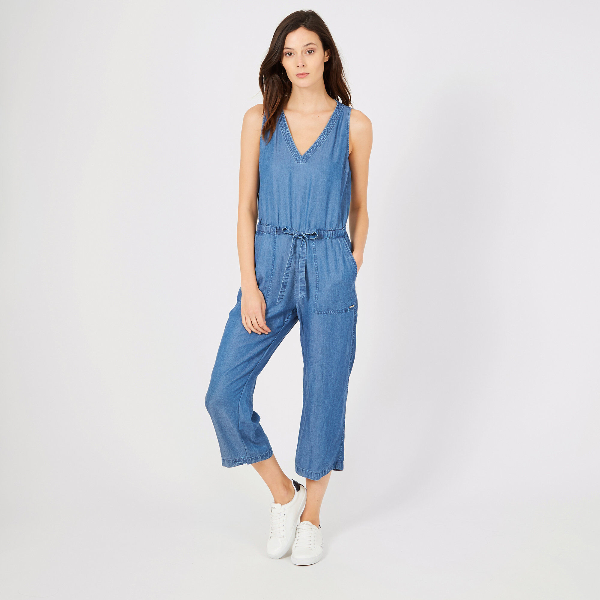 Wide Leg Belted Cropped Jumpsuit,Stormy Blue Wash,large