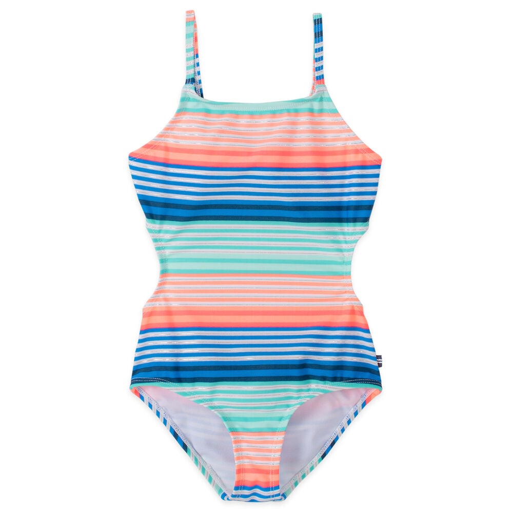 GIRLS' STRIPED TIE BACK ONE PIECE SWIM (8-16),Neon Orange,large