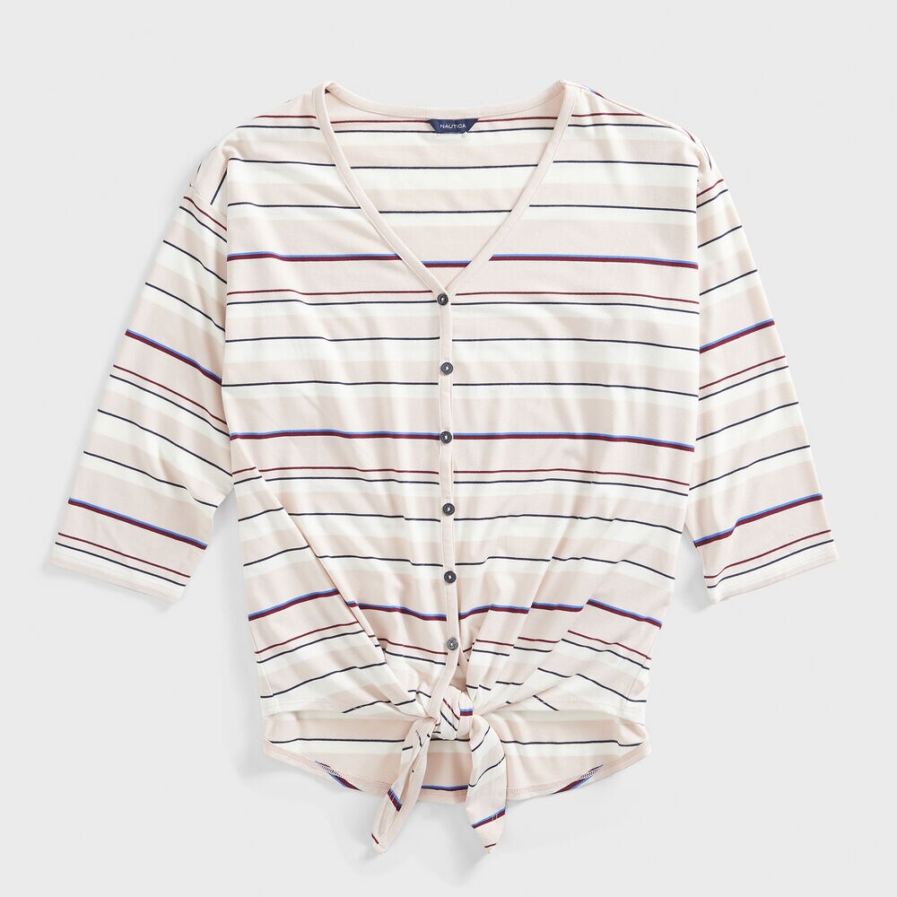 STRIPE TIE-WAIST BUTTON-DOWN TOP,New Pink,large