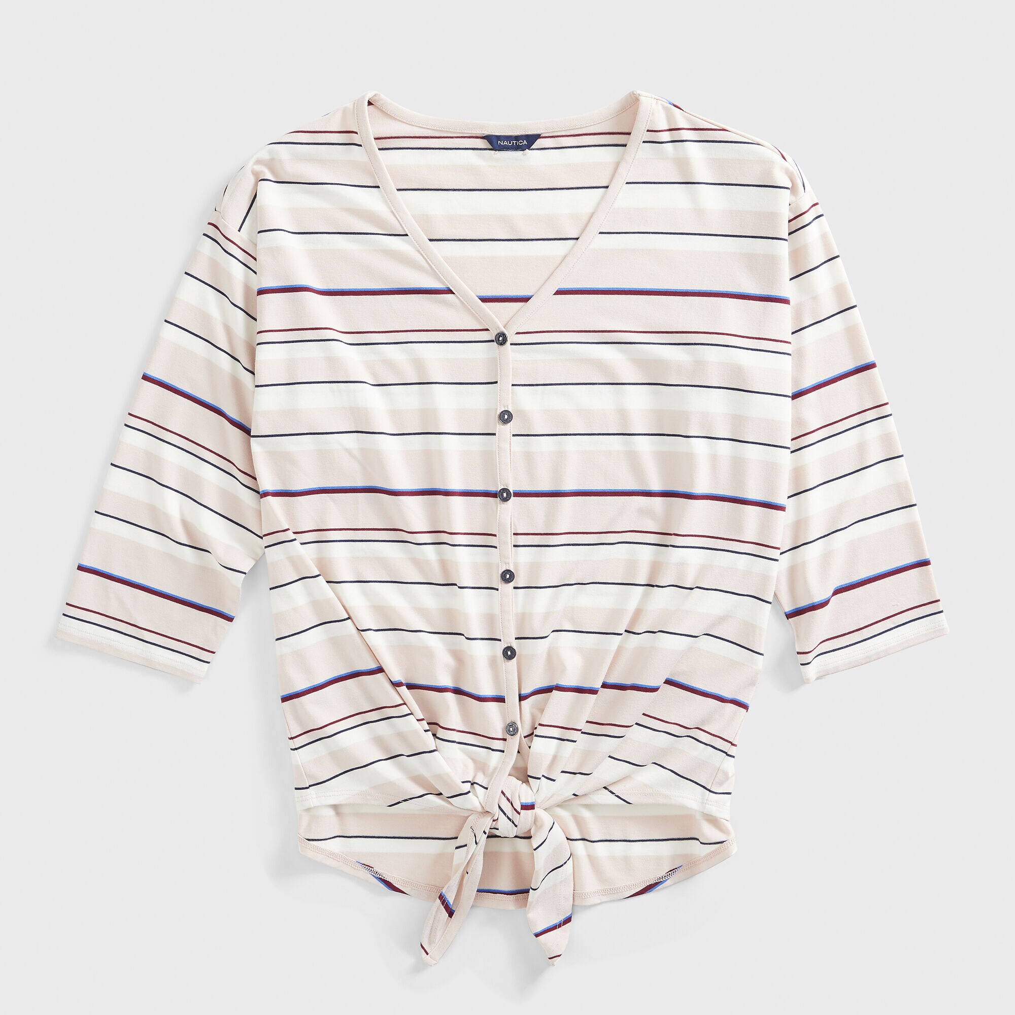 STRIPE TIE-WAIST BUTTON-DOWN TOP,New Pink,large