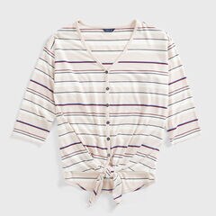 STRIPE TIE-WAIST BUTTON-DOWN TOP,New Pink,large