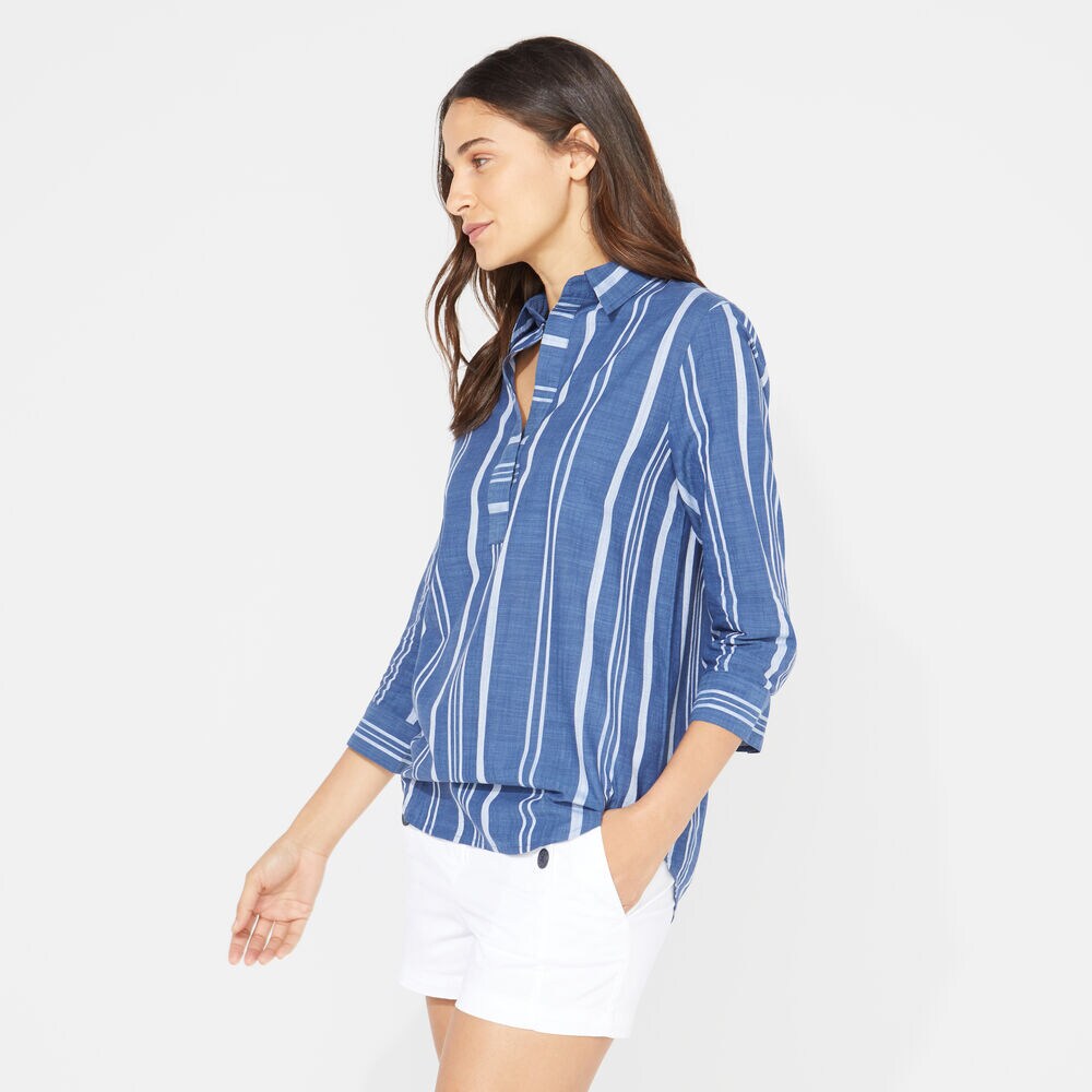 THREE-QUARTER SLEEVE STRIPE POPOVER SHIRT,J Navy,large