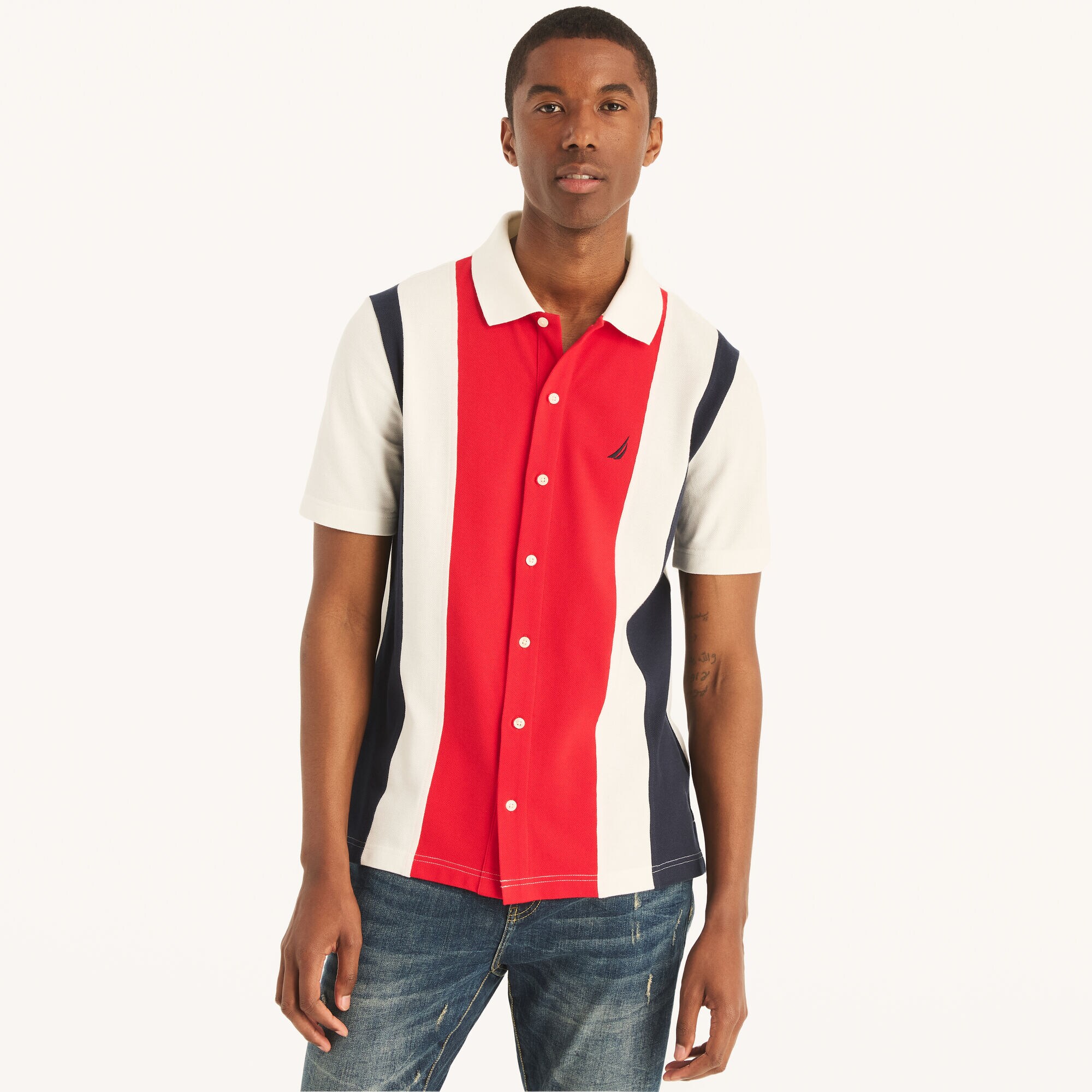 Classic Fit Pieced Polo Shirt,Sail White,large