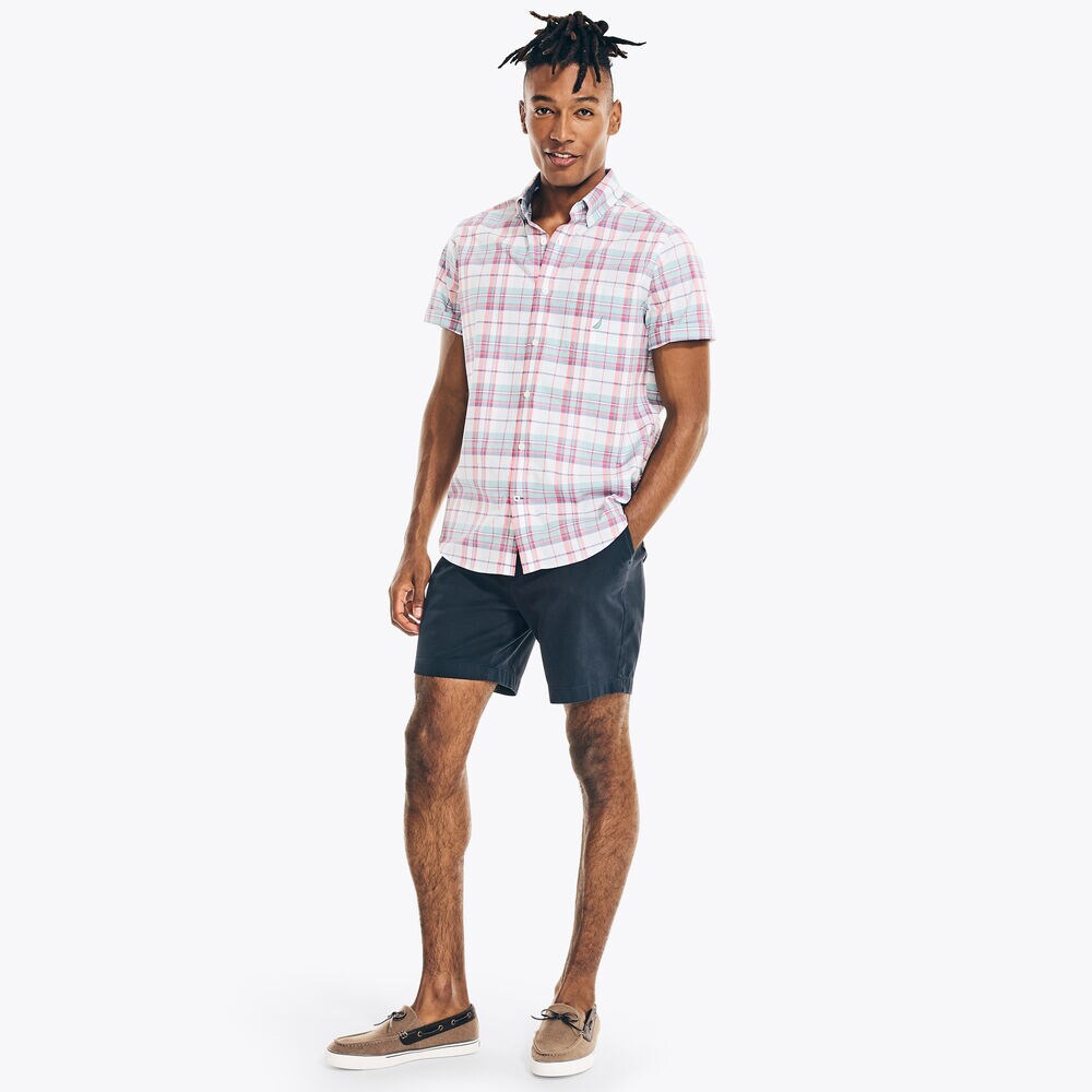 BIG & TALL PLAID SHORT-SLEEVE POPLIN SHIRT,Starlight Blue,large