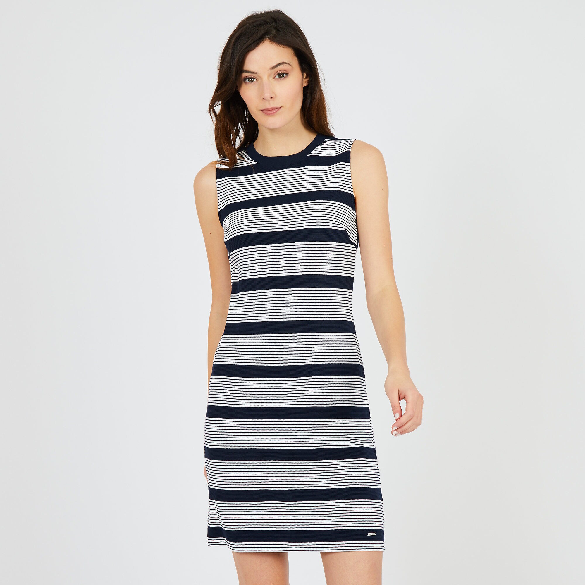 Sleeveless Striped Ottoman Dress,Stellar Blue Heather,large