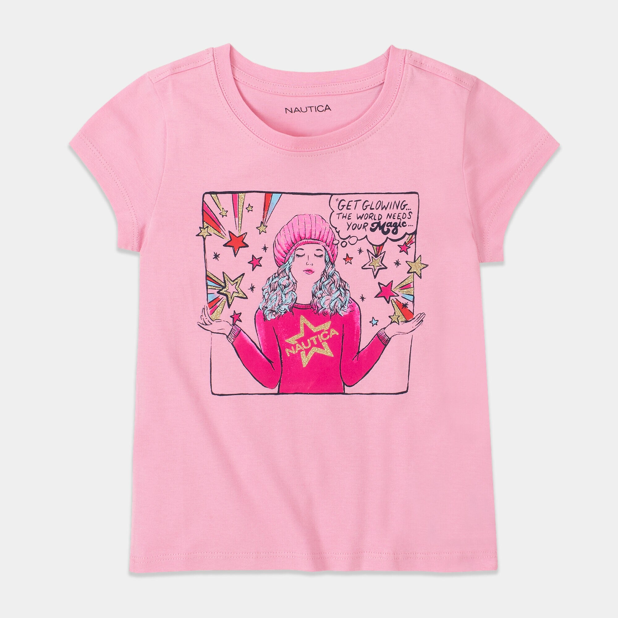 LITTLE GIRLS' GET GLOWING GIRL GRAPHIC T-SHIRT (4-7),Reckoning Red,large