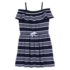 Girls' Jersey Blouson Dress in Stripe,Navy,large