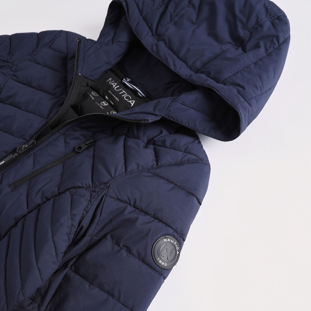 WATER-RESISTANT PACKABLE STRETCH HOODED COAT,Stellar Blue Heather,large