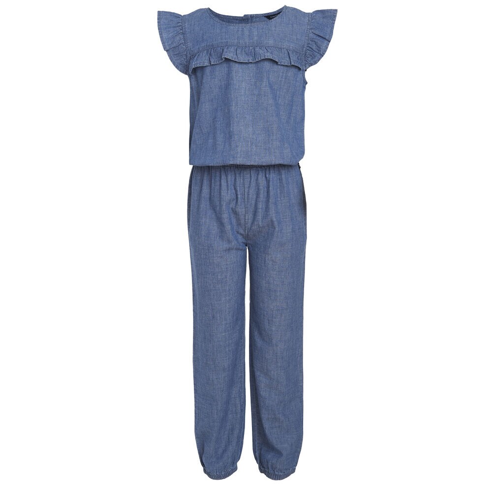 GIRLS' RUFFLE-TRIMMED CHAMBRAY JUMPSUIT (8-16),Light Tide Water Wash,large