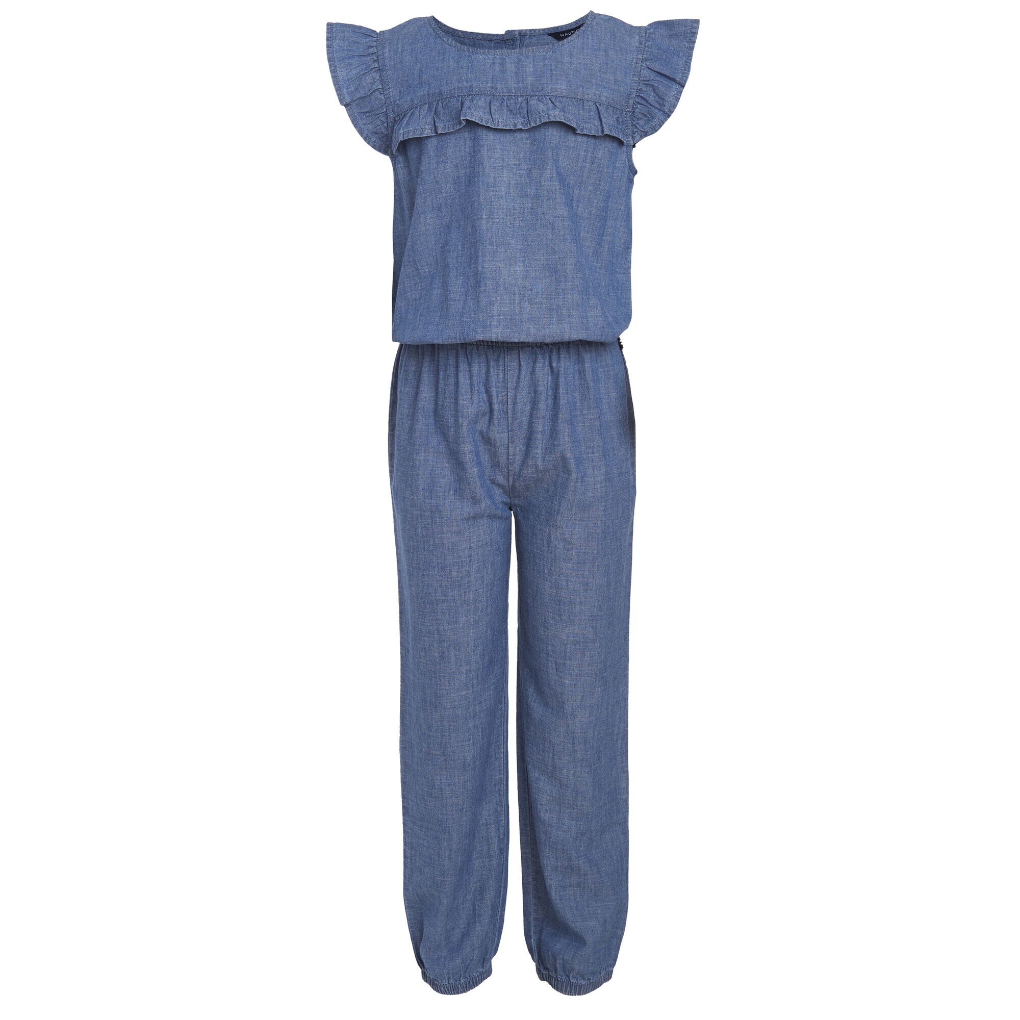 GIRLS' RUFFLE-TRIMMED CHAMBRAY JUMPSUIT (8-16),Light Tide Water Wash,large