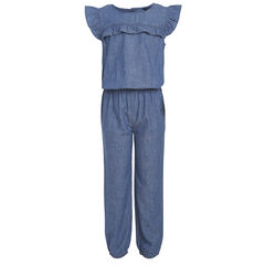 GIRLS' RUFFLE-TRIMMED CHAMBRAY JUMPSUIT (8-16),Light Tide Water Wash,large
