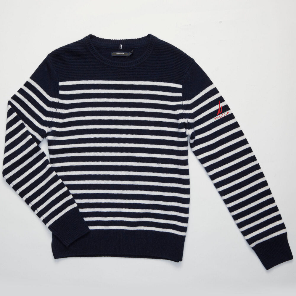Nautical Stripe Luxury Cashmere Sweater,True Navy,large