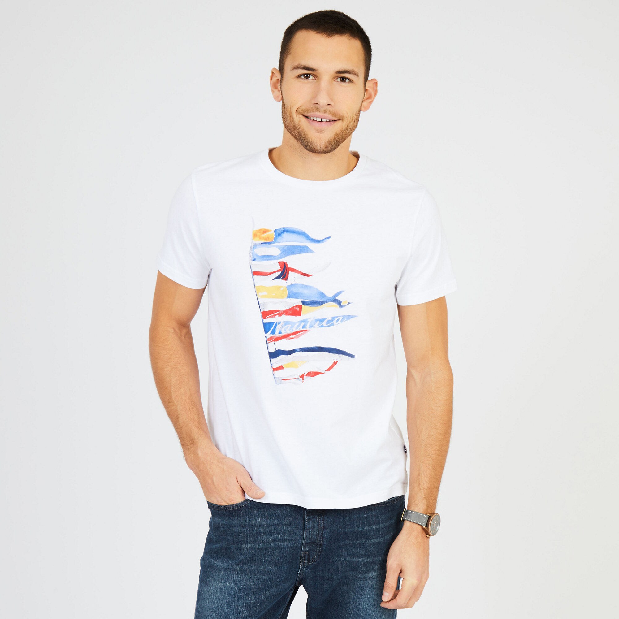 Big & Tall Crewneck Sailing Flags T-Shirt,Bright White,large