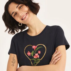 Glitter Hearted Flowers Graphic T-Shirt,Stellar Blue Heather,large