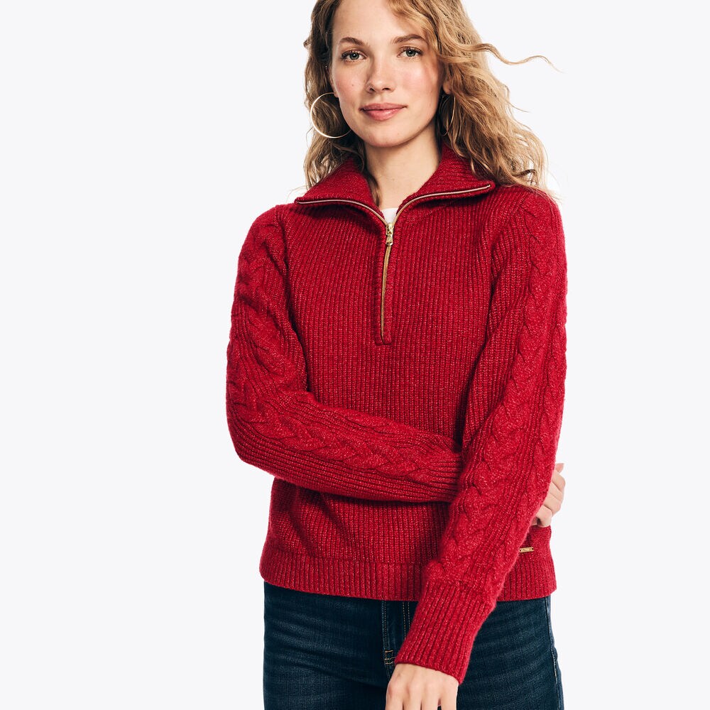 Sustainably Crafted Half-Zip Cable-Knit Sweater,Nautica Red,large