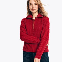 Sustainably Crafted Half-Zip Cable-Knit Sweater,Nautica Red,large