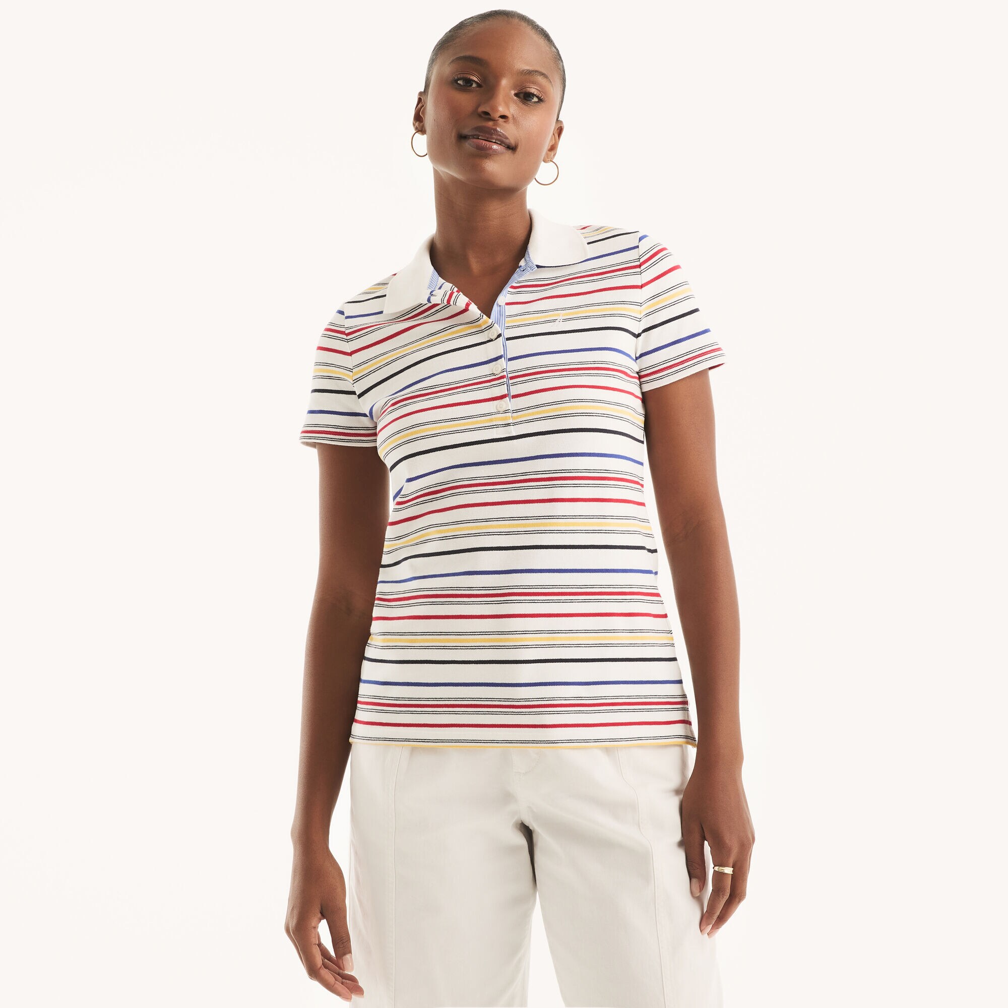 5-Button Striped Polo,Bright White,large