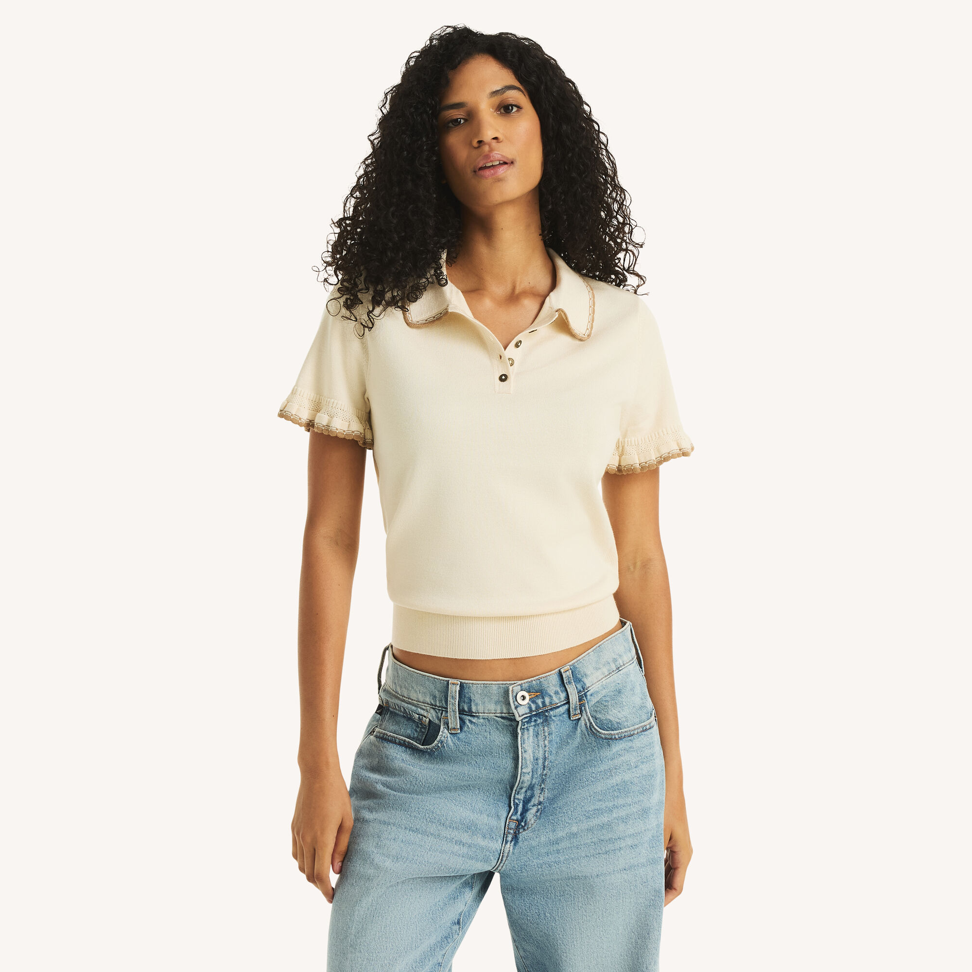 Ruffle Short Sleeve Polo Sweater,Burlap,large
