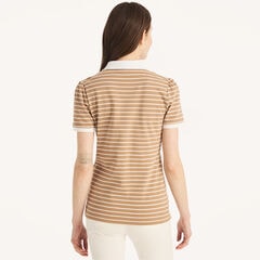 Striped Zip-Up Polo,Coastal Tan,large