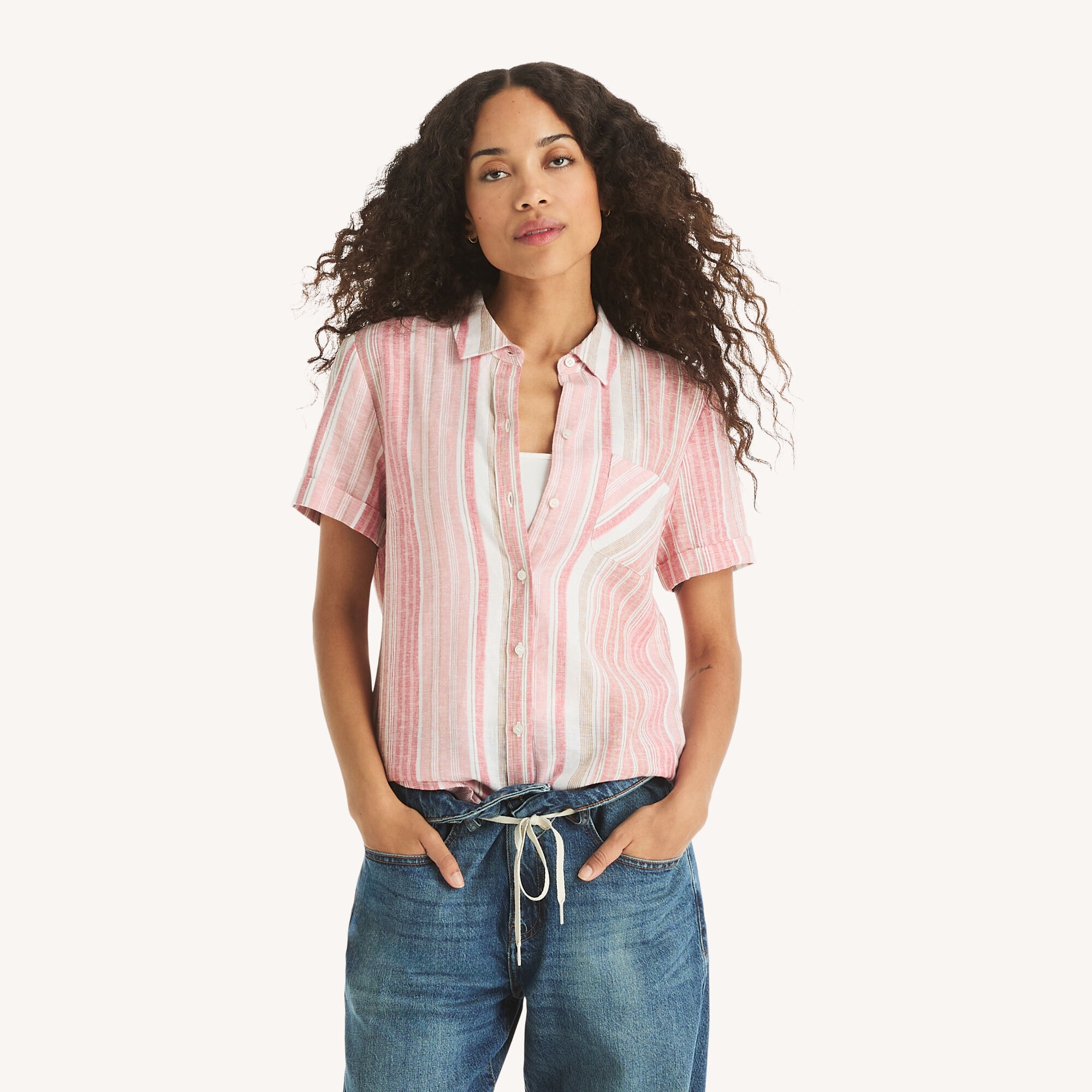 Striped Linen Camp Shirt,Sunguard Red,large
