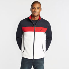 PIECED COLORBLOCK FULL ZIP KNIT JACKET,Bright White,large