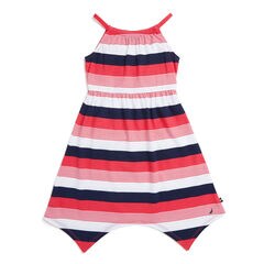 Little Girls' Yarn Dyed Stripe Handkerchief Hem Dress (4-6X),Buoy Red,large