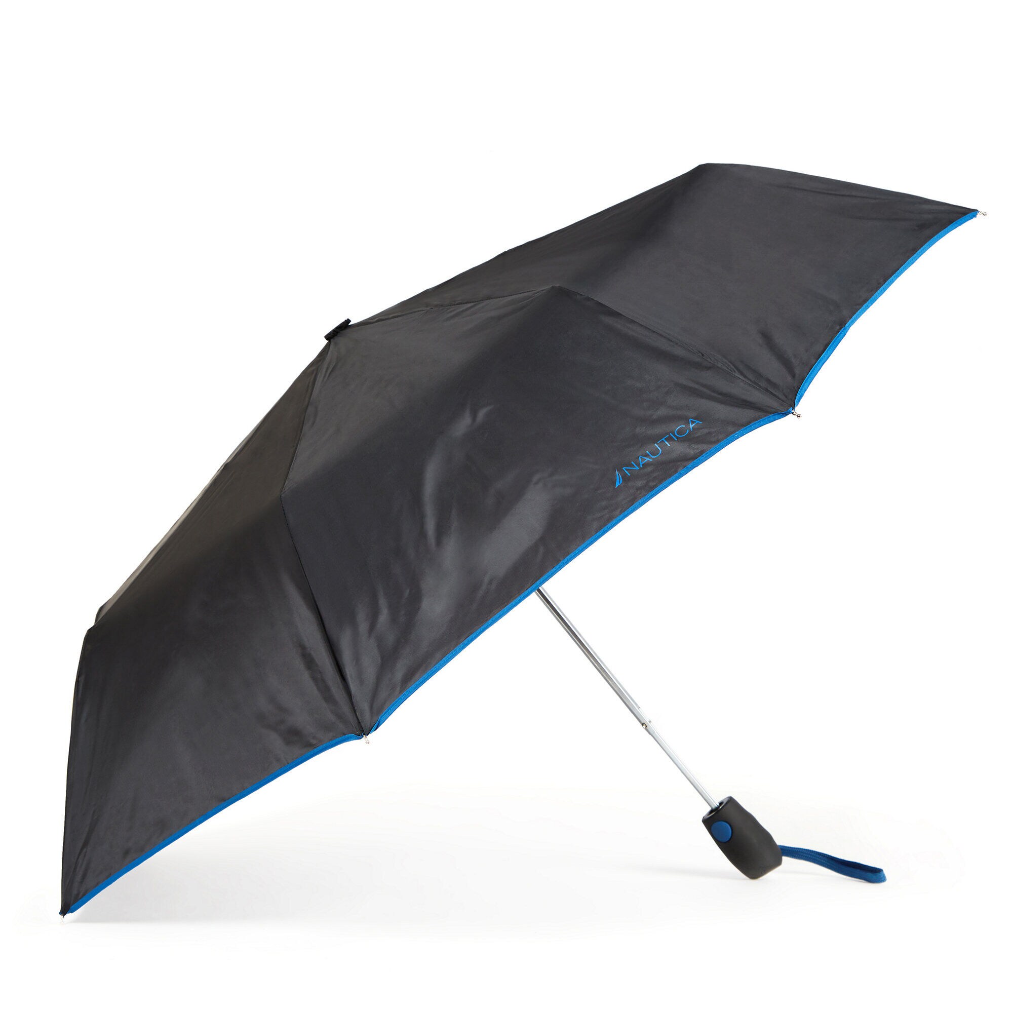 Black Compact Umbrella with Blue Trim,True Black,large
