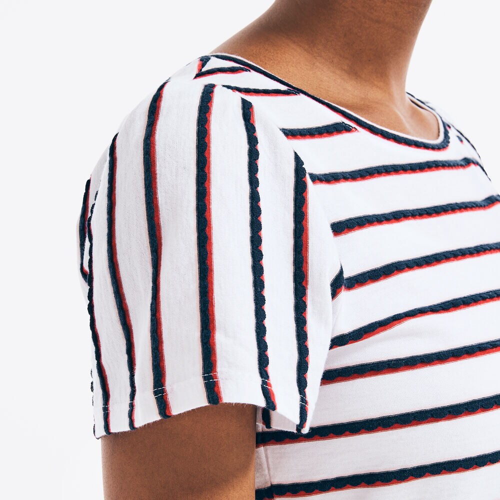 STRIPED PUFF-SLEEVE TOP,Bright White,large