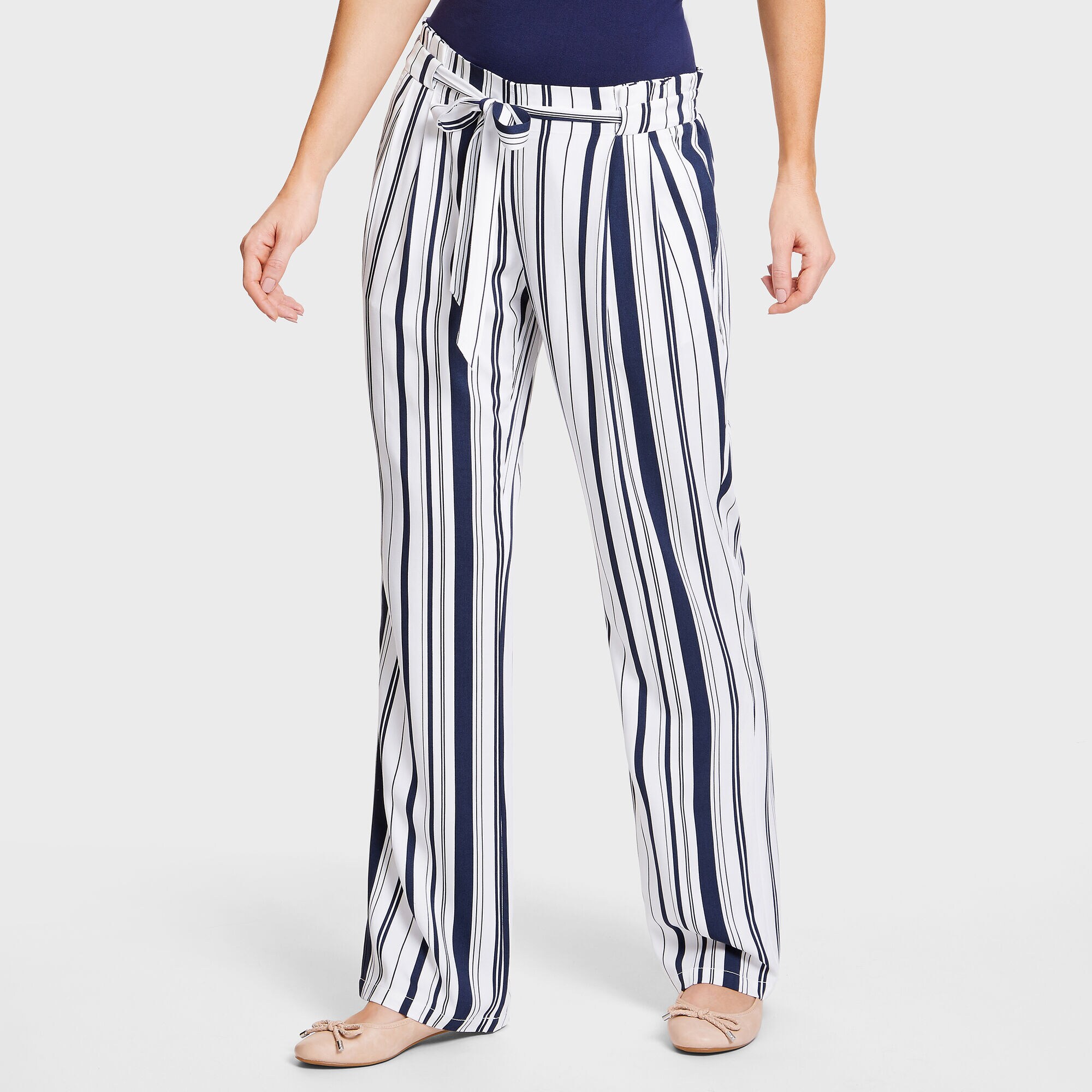 Pleated Waist Striped Full-Length Pants,Bright White,large
