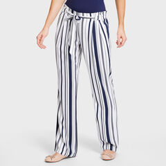 Pleated Waist Striped Full-Length Pants,Bright White,large