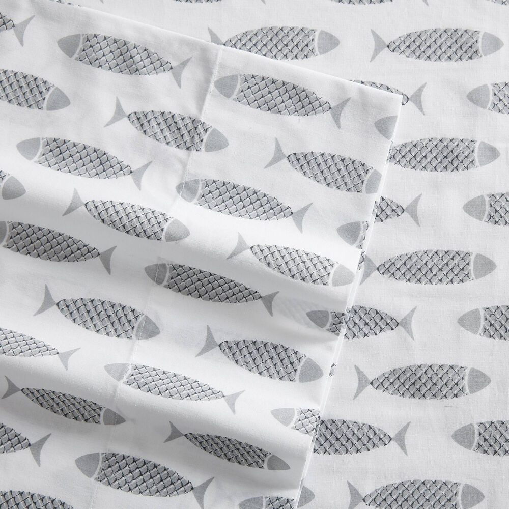 WOODBLOCK FISH GREY QUEEN SHEET SET,Heather,large