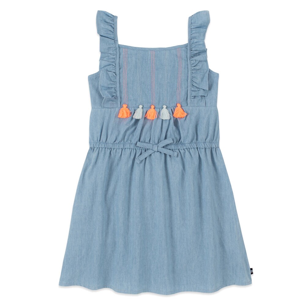 GIRLS' CHAMBRAY TASSEL-TRIMMED SLEEVELESS DRESS (8-16),Nite Sea Heather,large