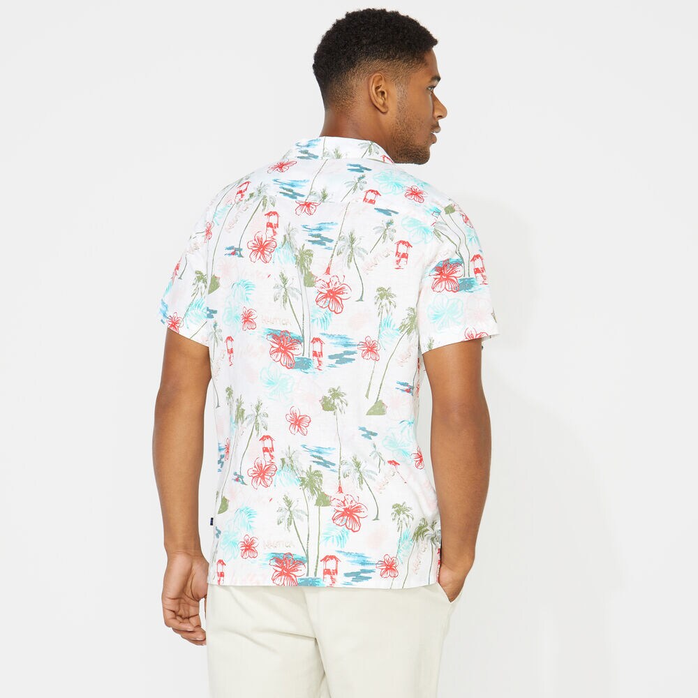 TROPICAL PRINT SHORT SLEEVE LINEN SHIRT,Bright White,large