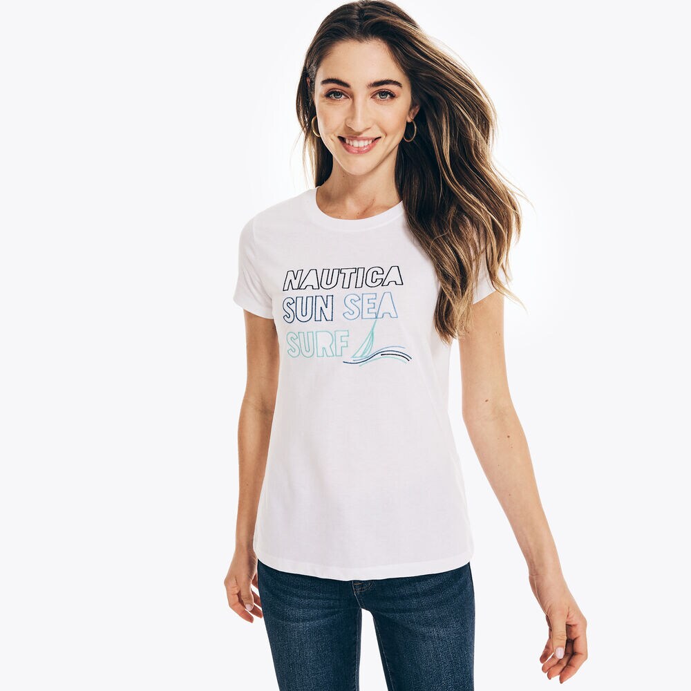 SUSTAINABLY CRAFTED SUN SEA SURF GRAPHIC T-SHIRT,Bright White,large