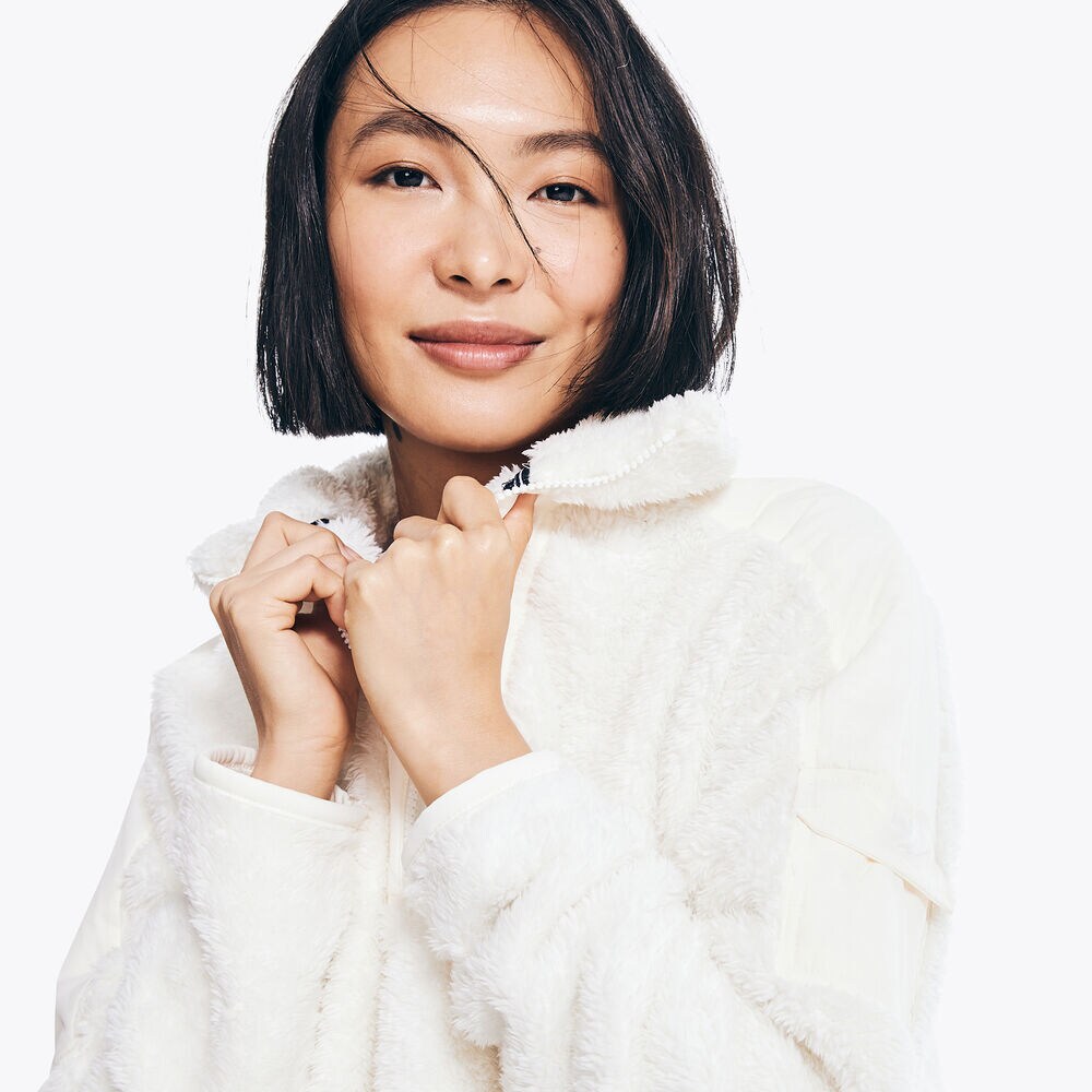 Faux Shearling Mixed Media Quarter-Zip Jacket,Marshmallow,large
